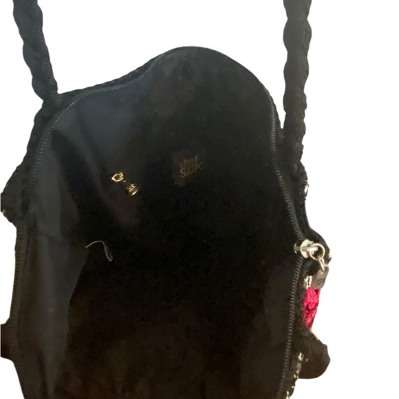 THE SAK Hobo Crochet Knit Bag Black white Striped pink flower Tassel Purse Charm - Picture 5 of 12